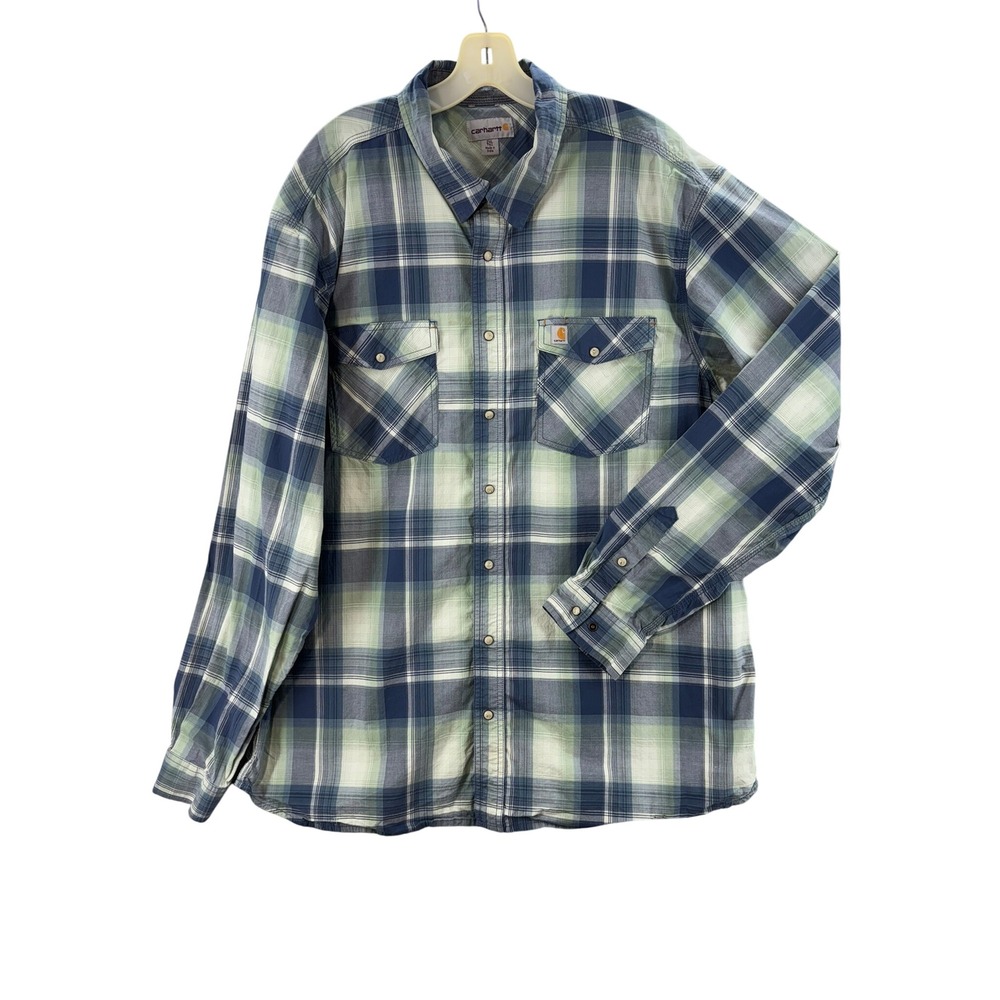 Carhartt Button Down Shirt Mens 2XLT Tall Blue Green Plaid Snap Front 104443 DBL